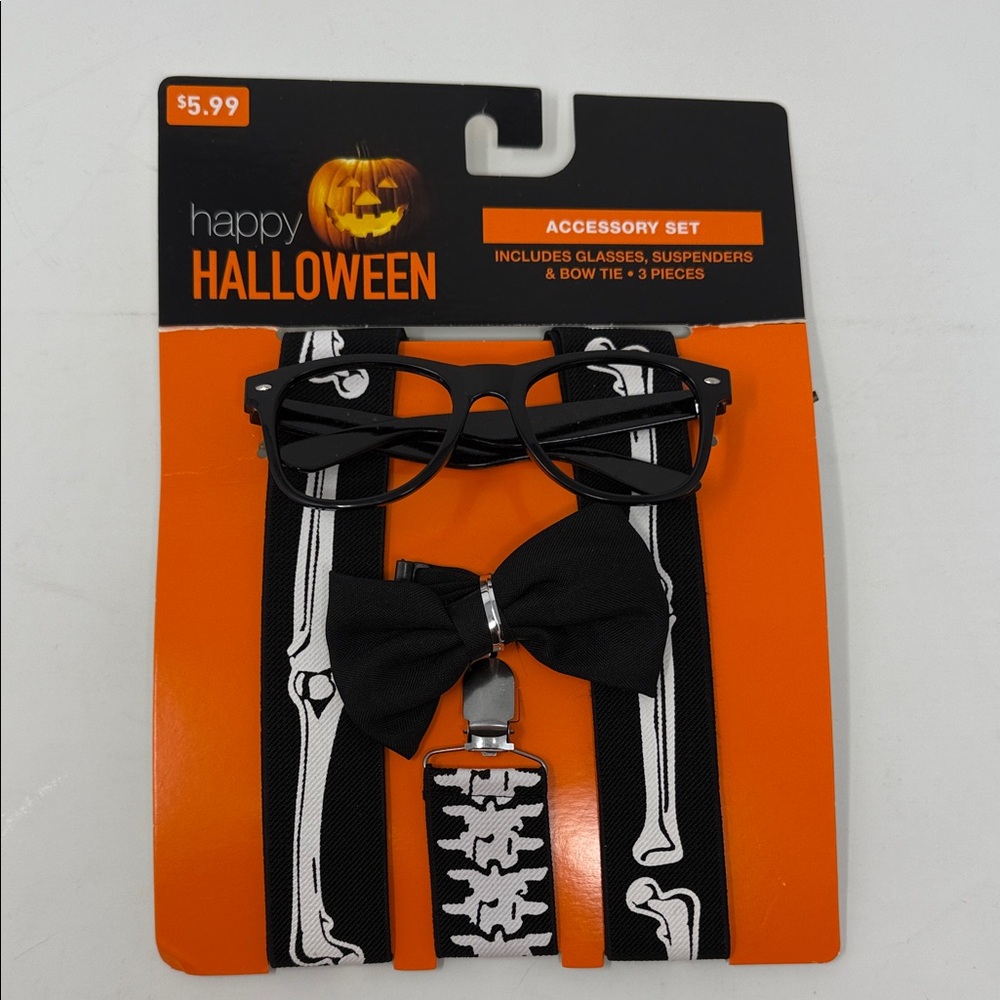 Halloween Costume Accessory Kit- Glasses, Suspenders, Bow Tie. Holiday